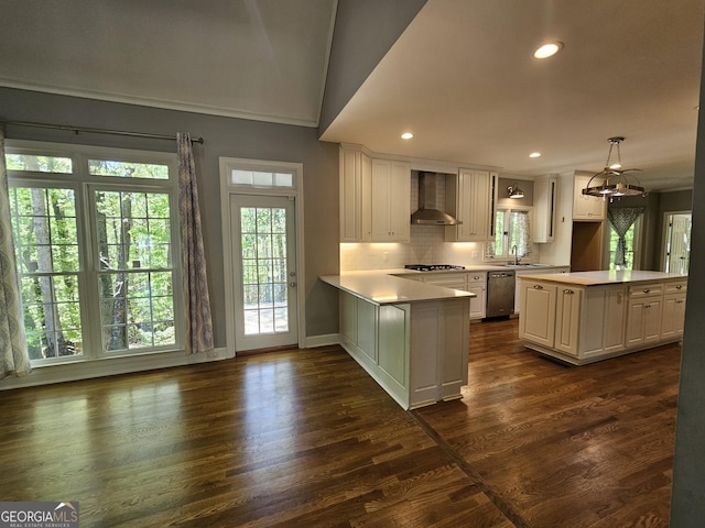 kitchen featuring wall chimney exhaust hood, plenty of natural light, stainless steel dishwasher, and light countertops