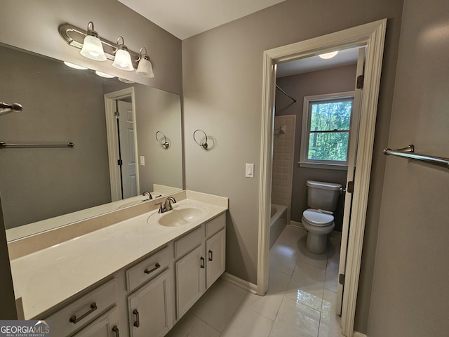 bathroom with tile patterned floors,  shower combination, toilet, baseboards, and vanity