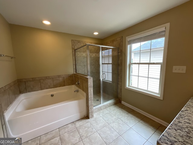 2 Hillshire Dr, Newnan, GA 30263 - full bathroom with tile patterned flooring, a garden tub, a shower stall, and recessed lighting