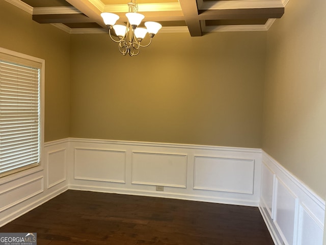 2 Hillshire Dr, Newnan, GA 30263 - unfurnished dining area featuring coffered ceiling, wainscoting, a chandelier, crown molding, and beam ceiling