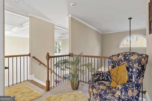 living area featuring baseboards, an upstairs landing, coffered ceiling, beamed ceiling, and crown molding