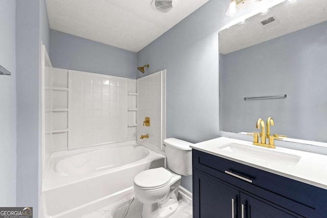 3203 Fairington Dr, Lithonia, GA 30038 - bathroom featuring shower / bathing tub combination, vanity, marble finish floor, baseboards, and toilet