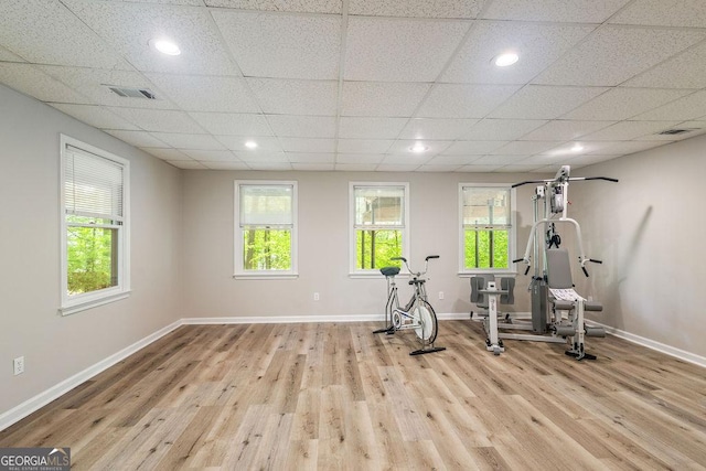 workout area with a healthy amount of sunlight, baseboards, and wood finished floors