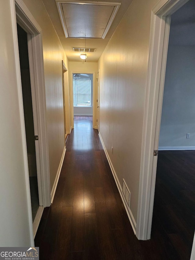 5114 Verbena Dr NW, Acworth, GA 30102 - hallway featuring attic access, baseboards, visible vents, and wood-type flooring