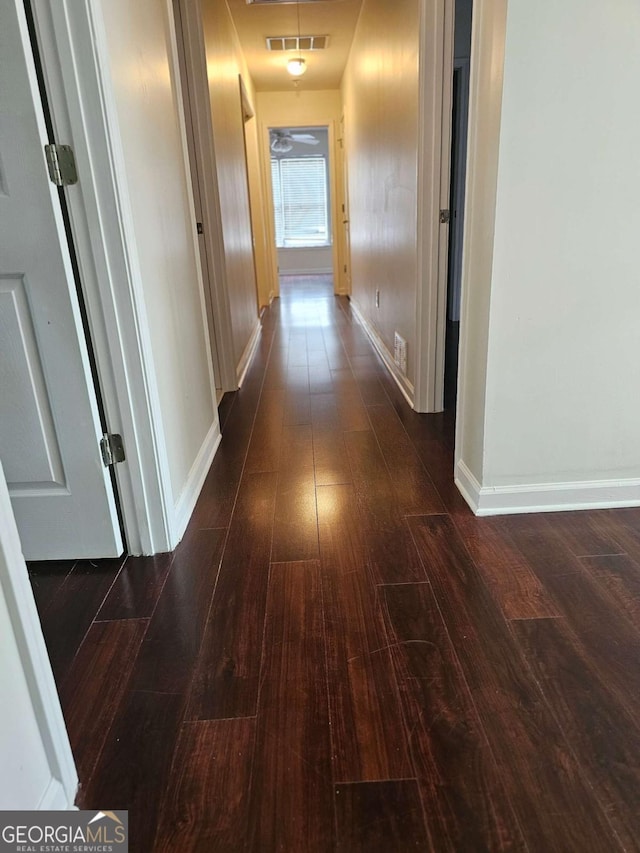 5114 Verbena Dr NW, Acworth, GA 30102 - hall featuring attic access, baseboards, visible vents, and dark wood-style floors