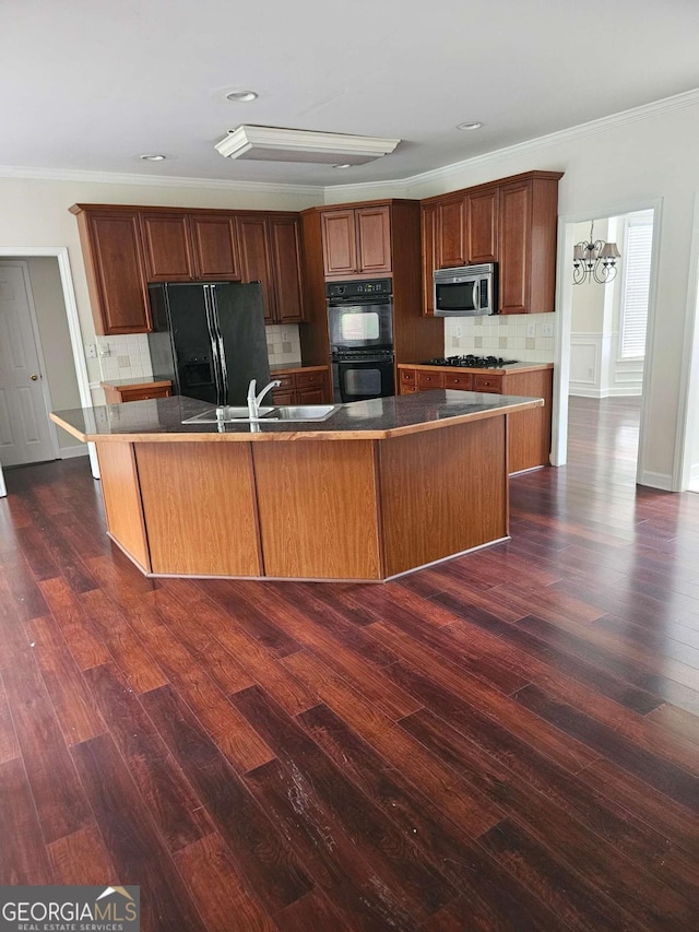 5114 Verbena Dr NW, Acworth, GA 30102 - kitchen featuring backsplash, ornamental molding, a sink, dark wood-type flooring, and black appliances