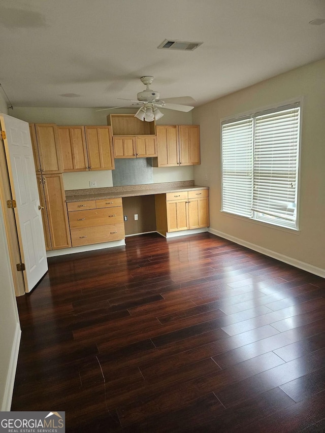 5114 Verbena Dr NW, Acworth, GA 30102 - kitchen featuring baseboards, light brown cabinetry, ceiling fan, and dark wood finished floors
