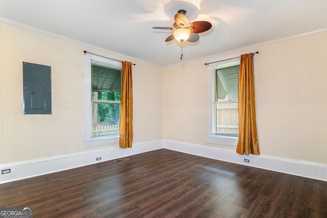 26 Walker St, Cartersville, GA 30120 - spare room with ceiling fan, electric panel, dark wood-style flooring, visible vents, and ornamental molding
