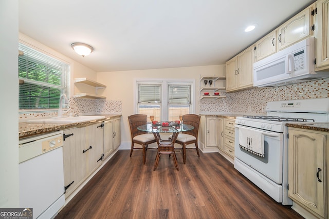 26 Walker St, Cartersville, GA 30120 - kitchen with white appliances, open shelves, dark wood-style floors, and a sink