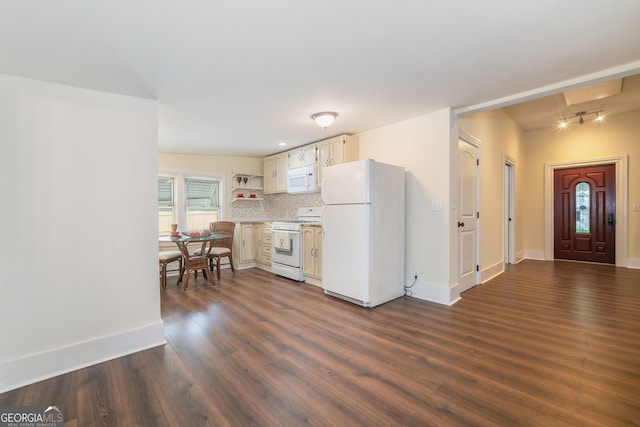 26 Walker St, Cartersville, GA 30120 - kitchen featuring dark wood-style flooring, open shelves, white appliances, light countertops, and baseboards
