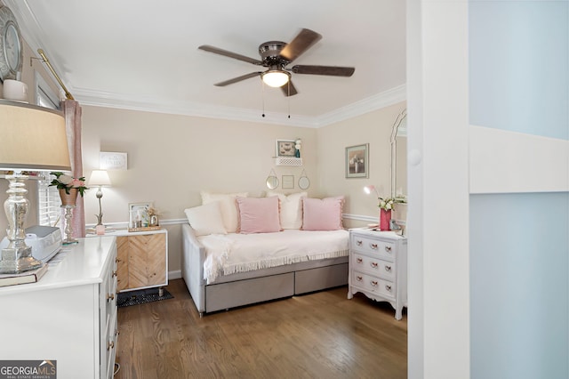 57 Glenn Eagles Way, Hiram, GA 30141 - bedroom with dark wood finished floors, ornamental molding, and ceiling fan