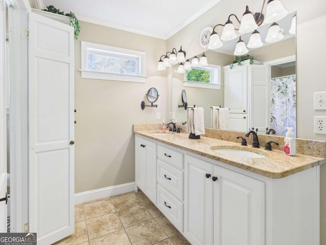 1961 Mars Hill Rd, Watkinsville, GA 30677 - bathroom featuring ornamental molding, tile patterned flooring, a sink, and double vanity