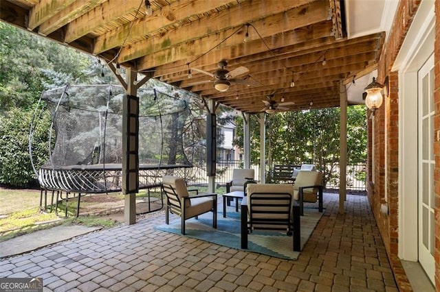4675 Lakeway Pl, Alpharetta, GA 30005 - view of patio / terrace with ceiling fan, outdoor lounge area, and a trampoline