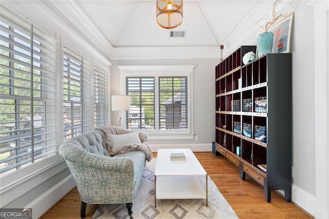 4675 Lakeway Pl, Alpharetta, GA 30005 - sitting room with lofted ceiling, visible vents, baseboards, and ornamental molding