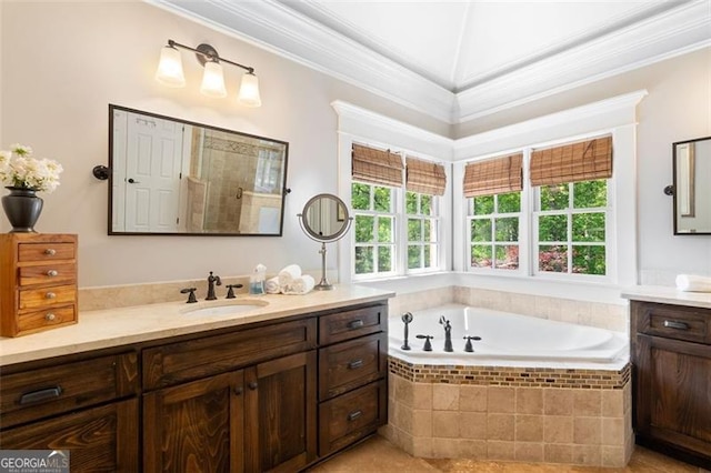 4675 Lakeway Pl, Alpharetta, GA 30005 - full bathroom with a wealth of natural light, ornamental molding, vanity, and a garden tub
