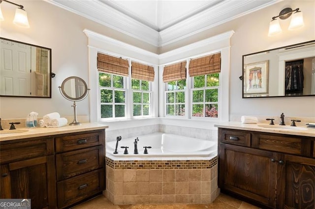 4675 Lakeway Pl, Alpharetta, GA 30005 - full bathroom featuring two vanities, a garden tub, tile patterned floors, and ornamental molding