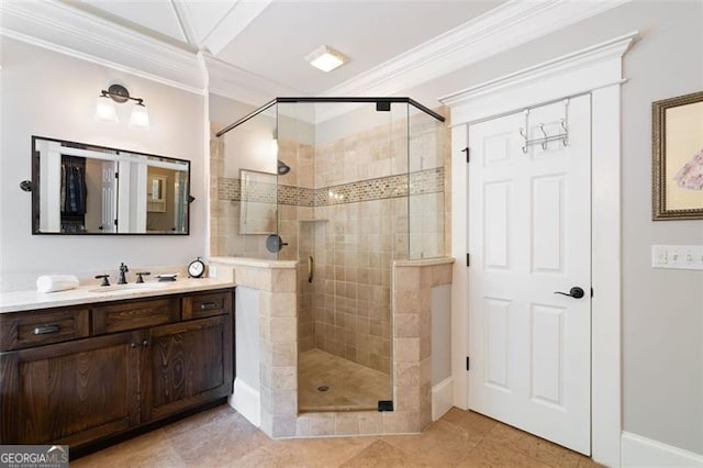 4675 Lakeway Pl, Alpharetta, GA 30005 - bathroom with a shower stall, ornamental molding, vanity, and tile patterned floors
