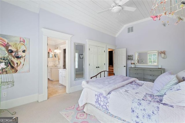 4675 Lakeway Pl, Alpharetta, GA 30005 - bedroom featuring vaulted ceiling, visible vents, ornamental molding, light carpet, and ensuite bathroom