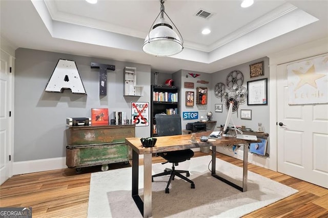 4675 Lakeway Pl, Alpharetta, GA 30005 - office featuring recessed lighting, a tray ceiling, visible vents, light wood-type flooring, and crown molding
