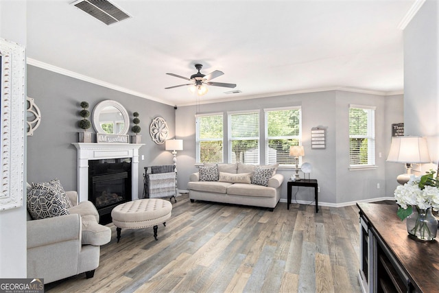 4440 Spring Mtn Ln, Powder Springs, GA 30127 - living room featuring wood finished floors, a glass covered fireplace, a ceiling fan, and crown molding