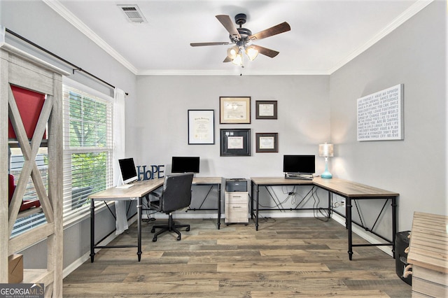 4440 Spring Mtn Ln, Powder Springs, GA 30127 - office with wood finished floors, ceiling fan, and ornamental molding