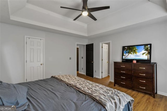 831 Kendall Park Dr, Winder, GA 30680 - bedroom featuring a raised ceiling, wood finished floors, and baseboards