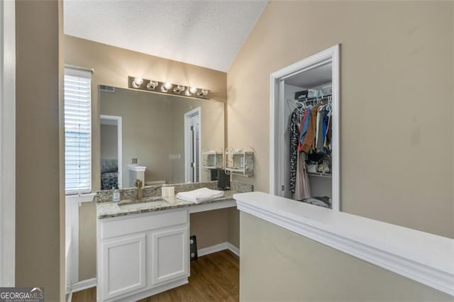 831 Kendall Park Dr, Winder, GA 30680 - bathroom with vaulted ceiling, vanity, wood finished floors, and a spacious closet