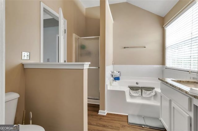 831 Kendall Park Dr, Winder, GA 30680 - bathroom with a stall shower, wood finished floors, a bath, toilet, and vanity