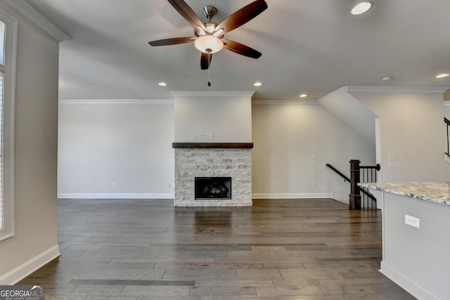 unfurnished living room with a ceiling fan, ornamental molding, and recessed lighting