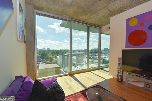361 17th St NW Unit 1107, Atlanta, GA 30363 - living room featuring a wall of windows and wood finished floors