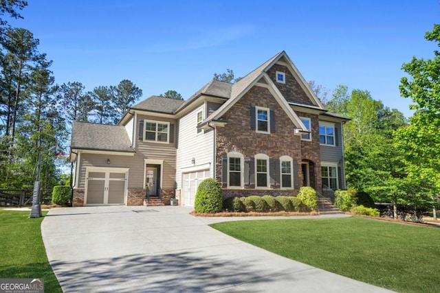 view of front of home featuring concrete driveway, a front lawn, brick siding, and stone siding