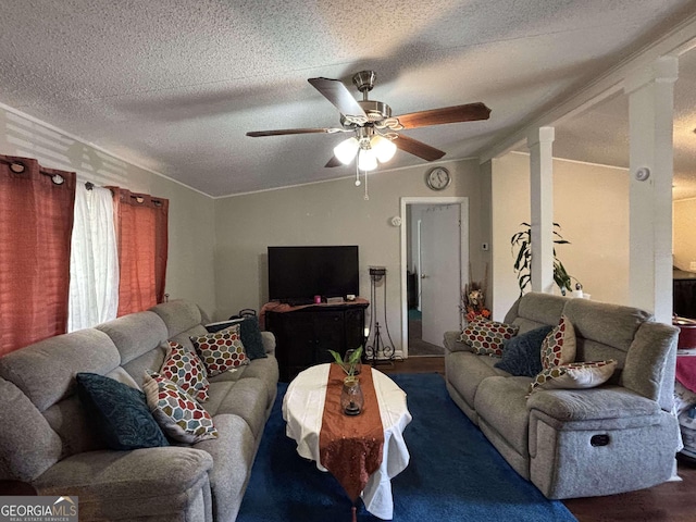 63 Breezewood Dr, Hampton, GA 30228 - living room featuring a ceiling fan, wood finished floors, a textured ceiling, and decorative columns