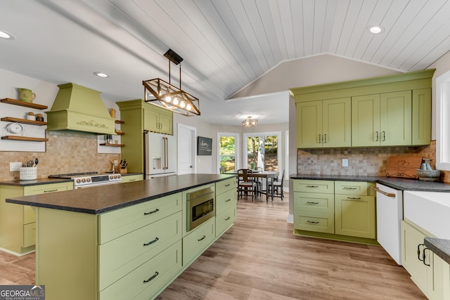 10005 Lakeview Pkwy, Villa Rica, GA 30180 - kitchen featuring green cabinetry, stainless steel appliances, custom range hood, open shelves, and dark countertops
