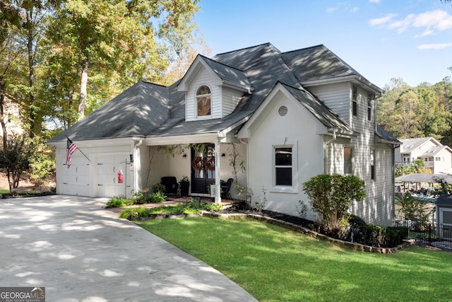 10005 Lakeview Pkwy, Villa Rica, GA 30180 - view of front of house with an attached garage, a front lawn, stucco siding, driveway, and roof with shingles