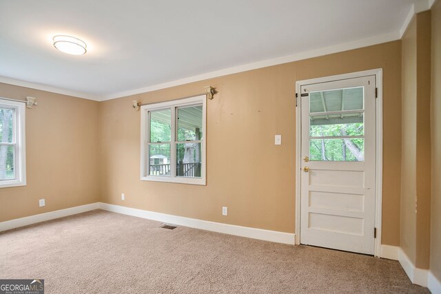 carpeted spare room with crown molding, visible vents, baseboards, and plenty of natural light