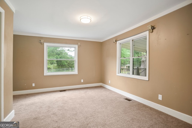 carpeted empty room with crown molding, visible vents, baseboards, and a healthy amount of sunlight