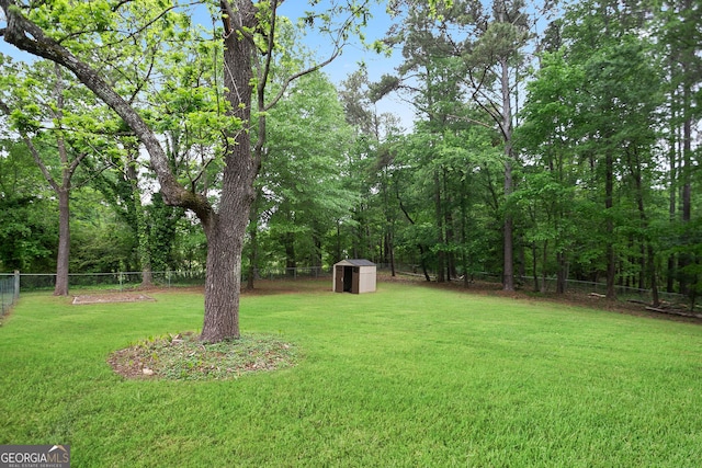 view of yard featuring a storage unit, an outbuilding, and a fenced backyard