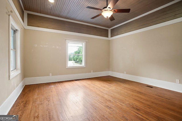unfurnished room featuring baseboards, a ceiling fan, wood-type flooring, and wood ceiling