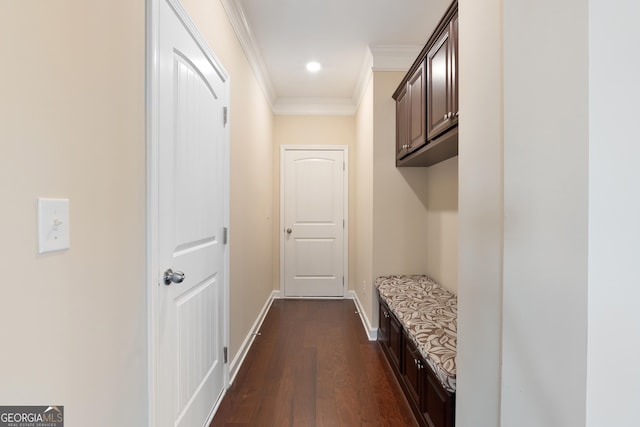 mudroom featuring baseboards, recessed lighting, ornamental molding, and dark wood finished floors
