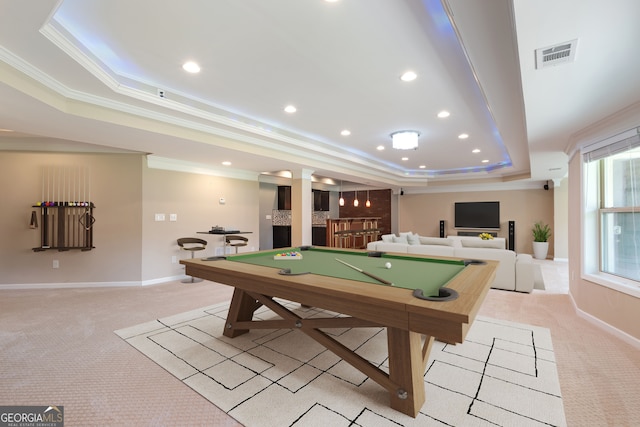 rec room with visible vents, light colored carpet, billiards, crown molding, and a raised ceiling