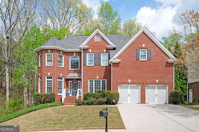 455 Cooper Woods Ct SE, Smyrna, GA 30082 - view of front of property featuring driveway, a garage, a front lawn, brick siding, and a shingled roof