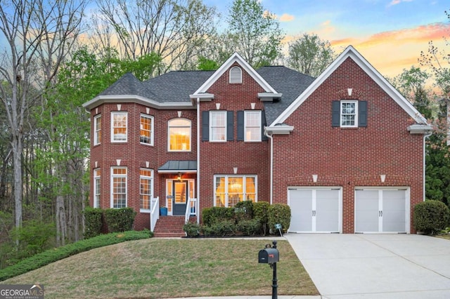 455 Cooper Woods Ct SE, Smyrna, GA 30082 - view of front facade featuring concrete driveway, a garage, a lawn, brick siding, and roof with shingles