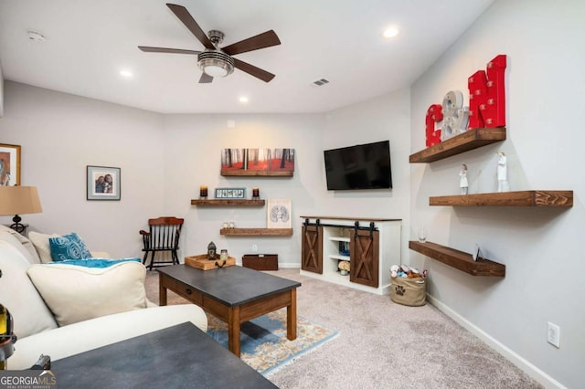 455 Cooper Woods Ct SE, Smyrna, GA 30082 - carpeted living room with a ceiling fan, baseboards, and recessed lighting