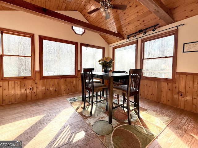 dining space with wooden walls, wainscoting, vaulted ceiling with beams, wood finished floors, and wood ceiling