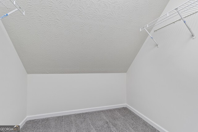 walk in closet featuring lofted ceiling and carpet flooring
