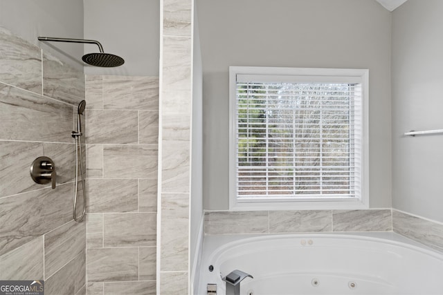 full bathroom with a tub with jets and a tile shower