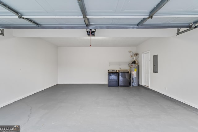 garage with electric panel, baseboards, water heater, and a garage door opener