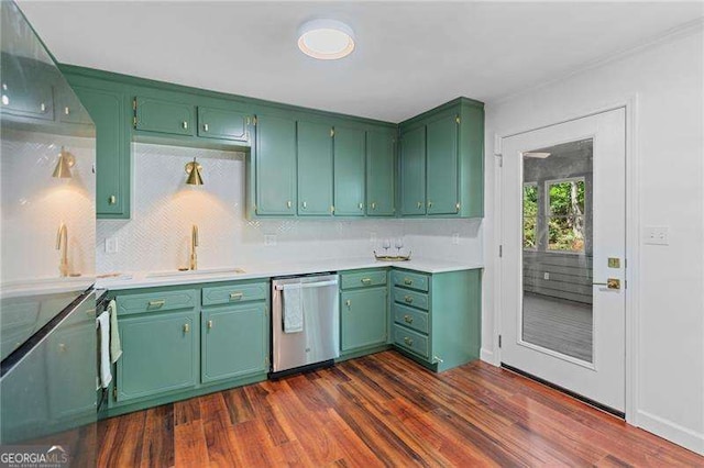 255 White Pines Dr, Alpharetta, GA 30004 - kitchen featuring dark wood finished floors, light countertops, backsplash, dishwasher, and a sink