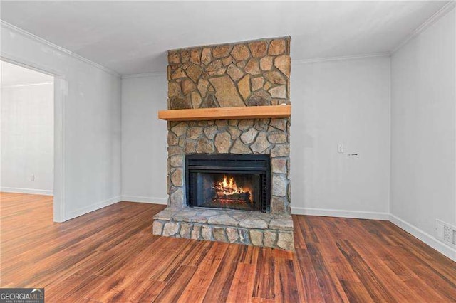 255 White Pines Dr, Alpharetta, GA 30004 - unfurnished living room with baseboards, wood finished floors, a fireplace, and crown molding