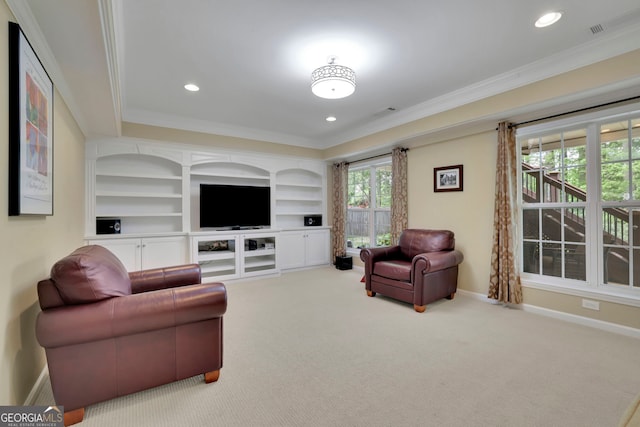 living room with baseboards, carpet flooring, recessed lighting, and ornamental molding